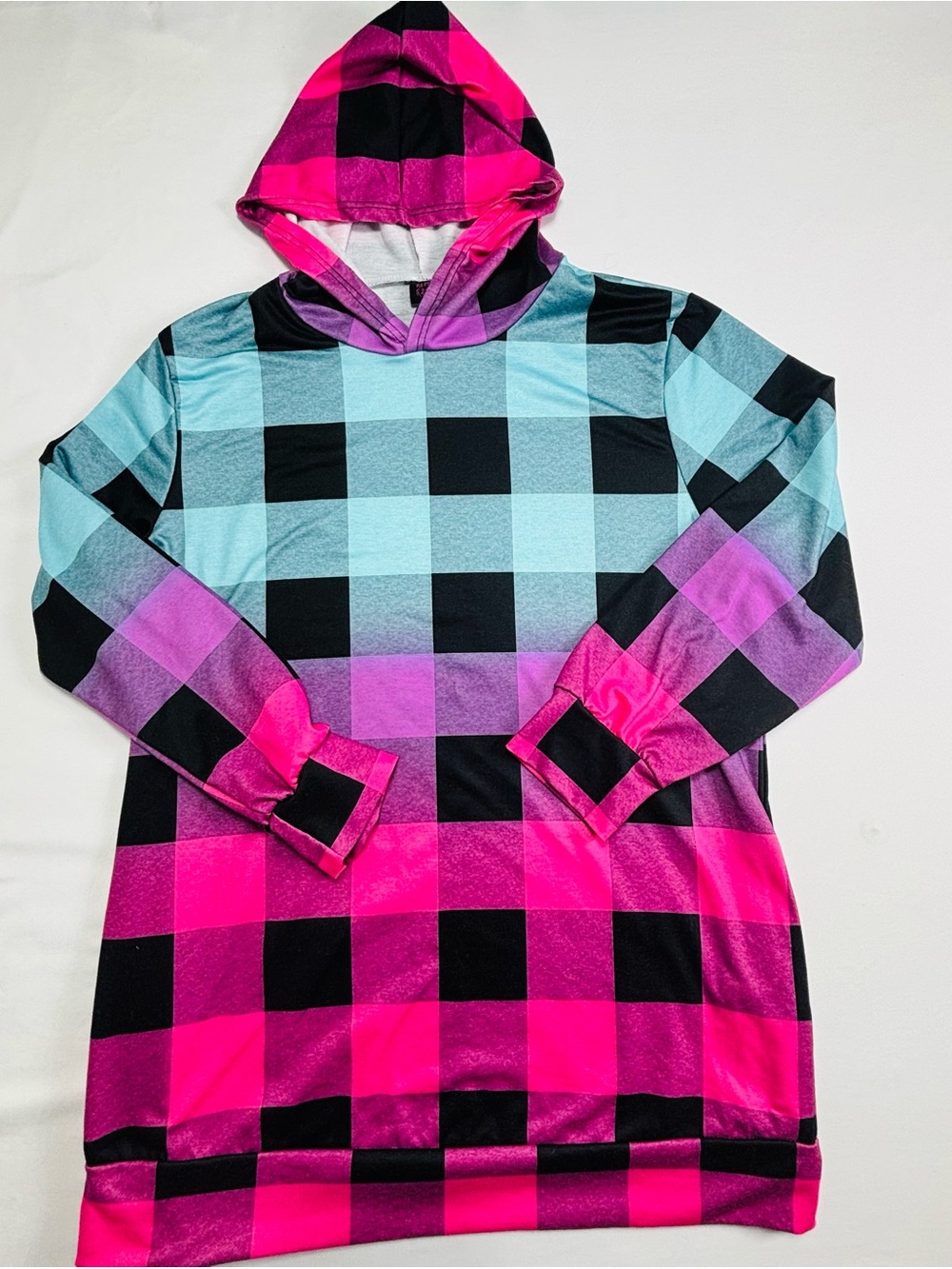 Rebel Raven Plaid Ombre Hooded Tunic - Pink, Purple & Teal W556